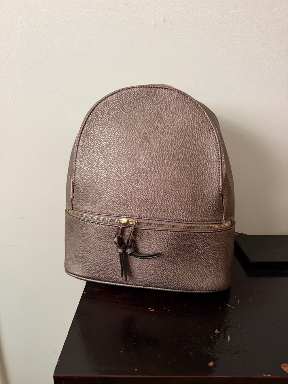 Taupe Leather Backpack with Front Zip Pocket